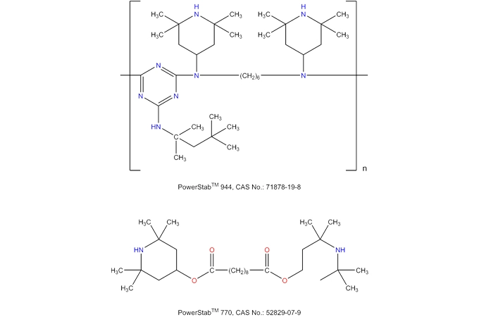 Bis(2,2,6,6,-tetramethyl-4-piperidinyl) decanedioate 및 N,N'-bis(2,2,6,6-Tetramethyl-4-piperidinyl)-1,6-hexanedamine, 2,4,6-trichloro-1,3,5-triazine 및 2,4,4- trimethyl-1,2-펜타 아민
